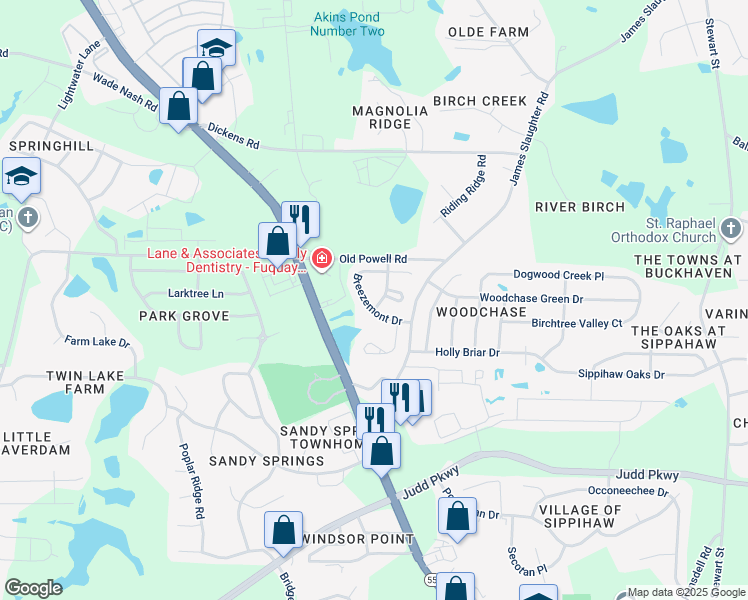 map of restaurants, bars, coffee shops, grocery stores, and more near 1922 Dunfield Drive in Fuquay Varina