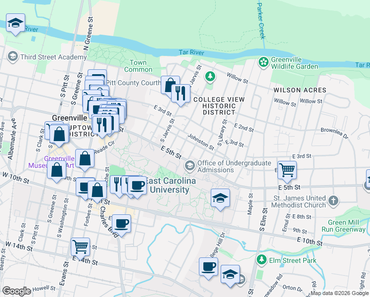 map of restaurants, bars, coffee shops, grocery stores, and more near 400 Biltmore Street in Greenville
