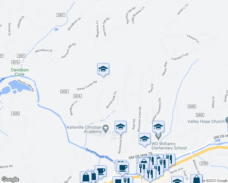 map of restaurants, bars, coffee shops, grocery stores, and more near 52 Woodcreek Circle in Swannanoa