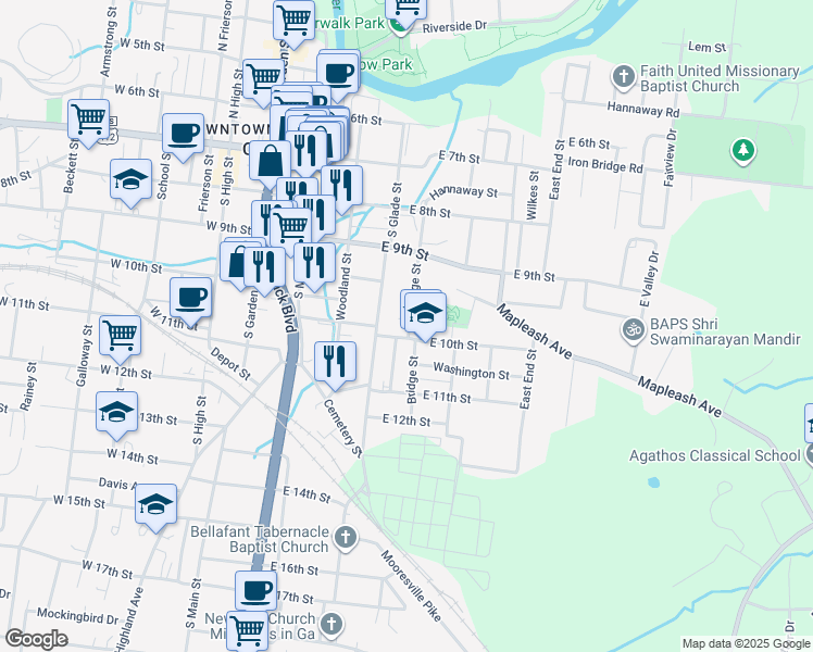 map of restaurants, bars, coffee shops, grocery stores, and more near 1028 Bridge Street in Columbia