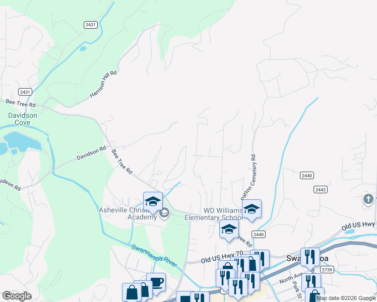 map of restaurants, bars, coffee shops, grocery stores, and more near 80 Woodcreek Circle in Swannanoa