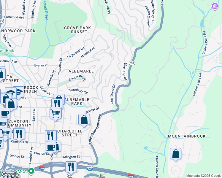 map of restaurants, bars, coffee shops, grocery stores, and more near 20 Mayflower Drive in Asheville