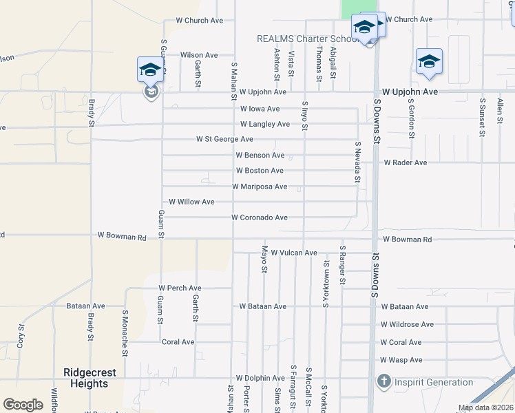 map of restaurants, bars, coffee shops, grocery stores, and more near 1232 West Willow Avenue in Ridgecrest