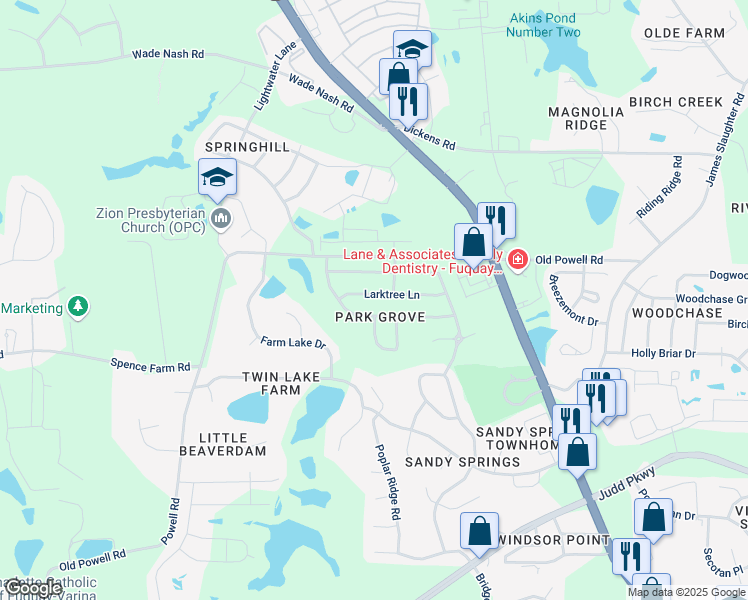 map of restaurants, bars, coffee shops, grocery stores, and more near 315 Larktree Lane in Fuquay-Varina