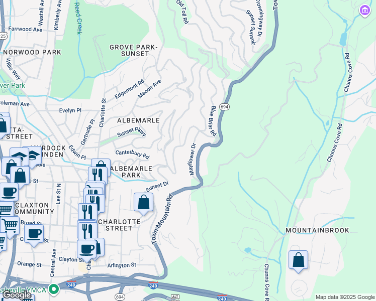 map of restaurants, bars, coffee shops, grocery stores, and more near 20 Mayflower Drive in Asheville
