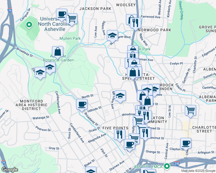 map of restaurants, bars, coffee shops, grocery stores, and more near 23 Dortch Avenue in Asheville