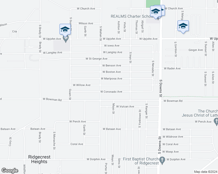 map of restaurants, bars, coffee shops, grocery stores, and more near 1217 West Willow Avenue in Ridgecrest