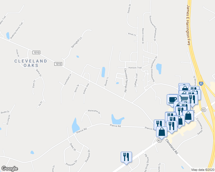 map of restaurants, bars, coffee shops, grocery stores, and more near 13250 Cleveland Road in Garner