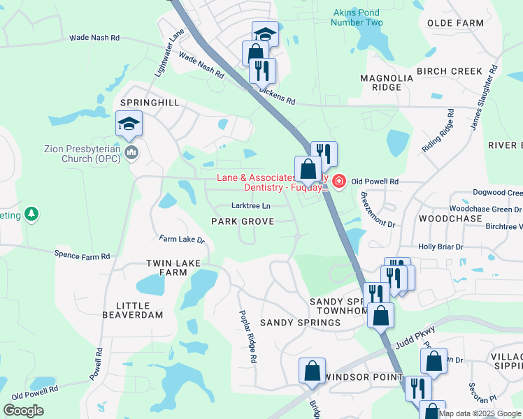 map of restaurants, bars, coffee shops, grocery stores, and more near 233 Larktree Lane in Fuquay Varina