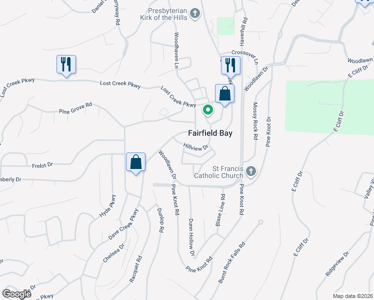 map of restaurants, bars, coffee shops, grocery stores, and more near 381 Dave Creek Parkway in Fairfield Bay