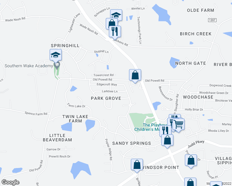 map of restaurants, bars, coffee shops, grocery stores, and more near 229 Larktree Lane in Fuquay Varina