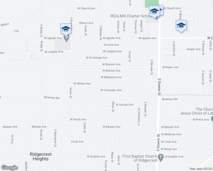 map of restaurants, bars, coffee shops, grocery stores, and more near 1225 West Willow Avenue in Ridgecrest