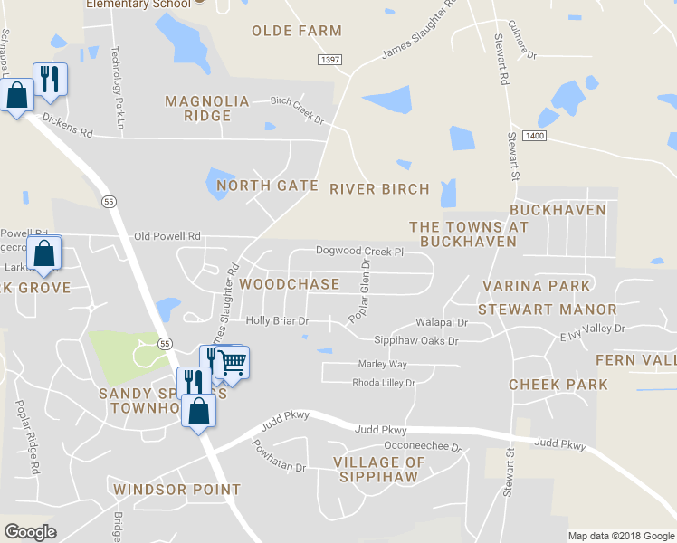 map of restaurants, bars, coffee shops, grocery stores, and more near 416 Woodchase Green Drive in Fuquay-Varina