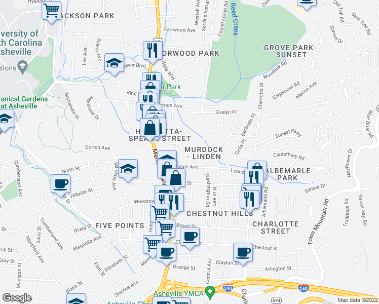 map of restaurants, bars, coffee shops, grocery stores, and more near 20 Robindale Avenue in Asheville