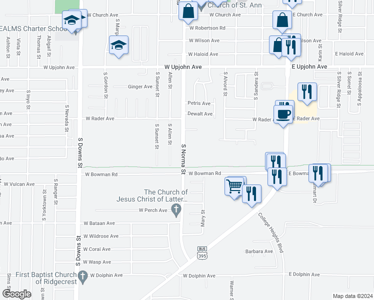 map of restaurants, bars, coffee shops, grocery stores, and more near 804 South Norma Street in Ridgecrest