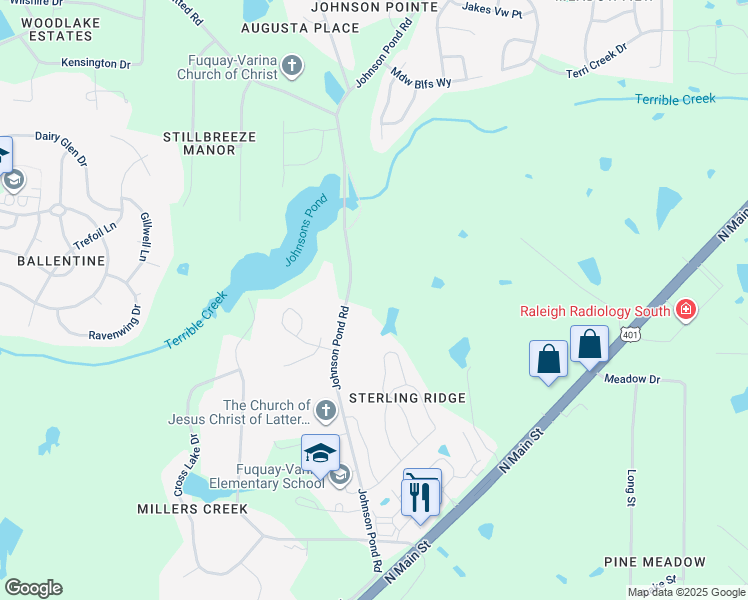 map of restaurants, bars, coffee shops, grocery stores, and more near 6421 Johnson Pond Road in Fuquay-Varina
