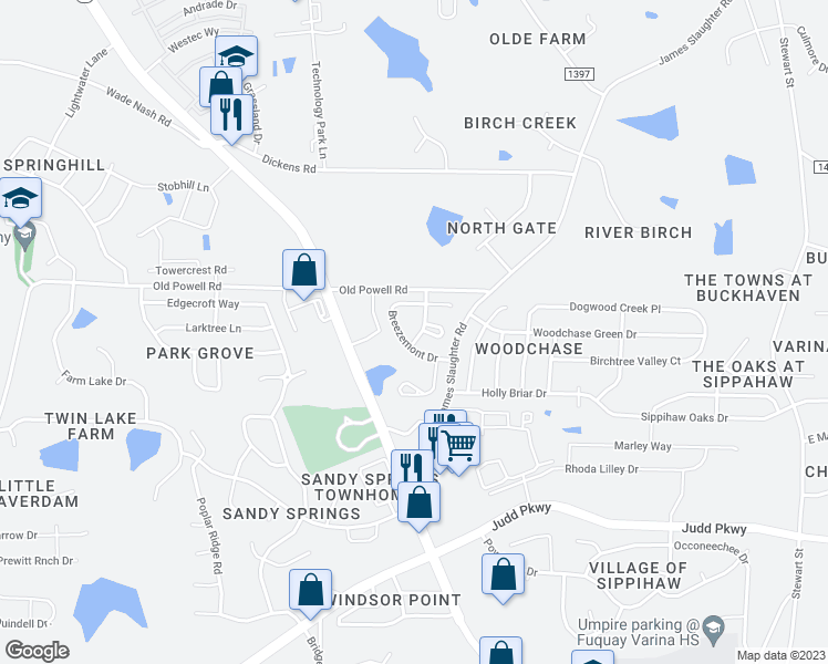 map of restaurants, bars, coffee shops, grocery stores, and more near 1936 Dunfield Drive in Fuquay Varina