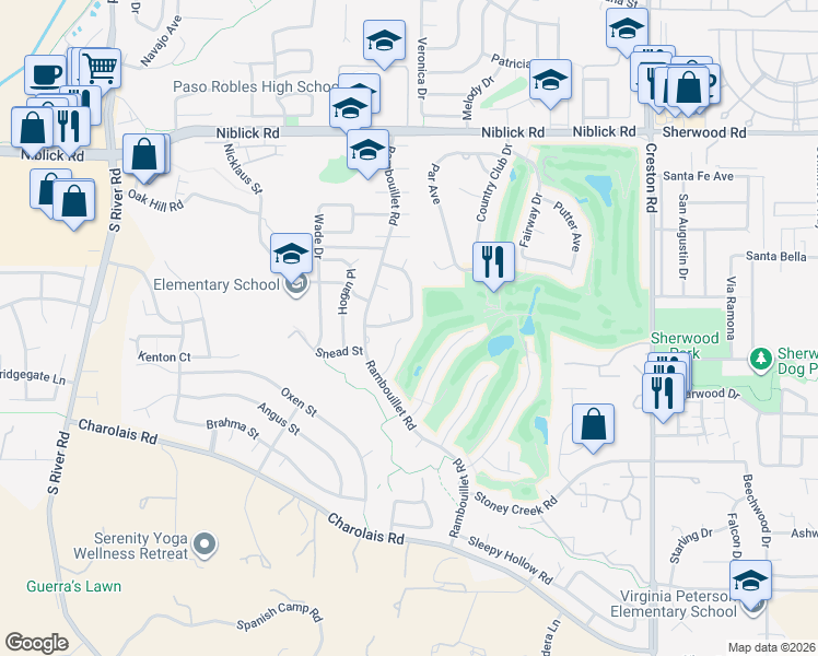 map of restaurants, bars, coffee shops, grocery stores, and more near 937 Player Lane in Paso Robles