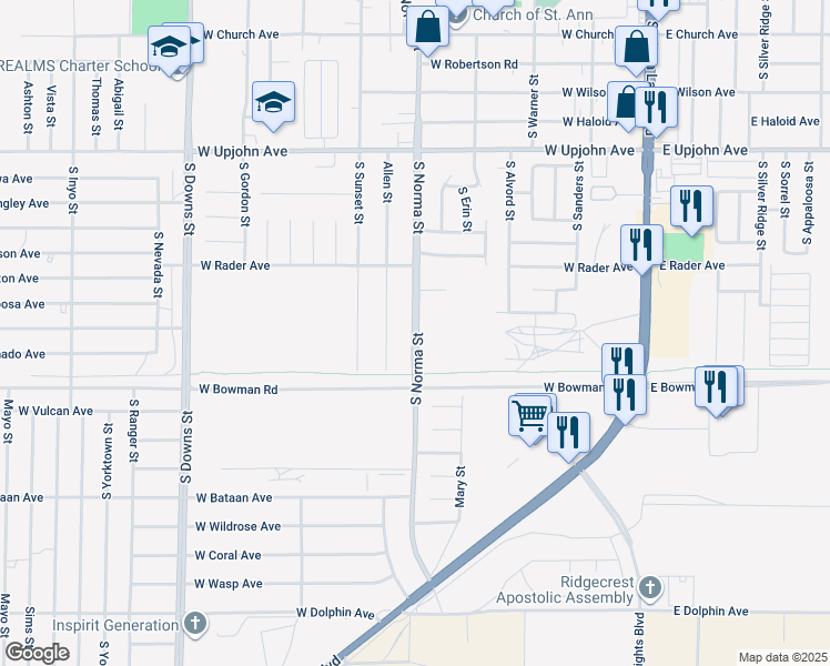 map of restaurants, bars, coffee shops, grocery stores, and more near 741 South Norma Street in Ridgecrest