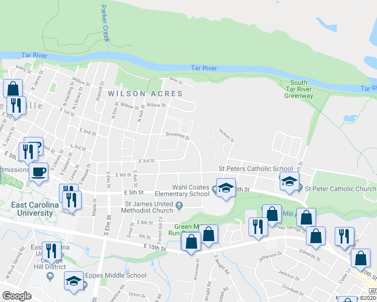 map of restaurants, bars, coffee shops, grocery stores, and more near 2109 East 3rd Street in Greenville