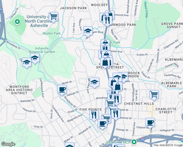map of restaurants, bars, coffee shops, grocery stores, and more near 99999 Spears Avenue in Asheville