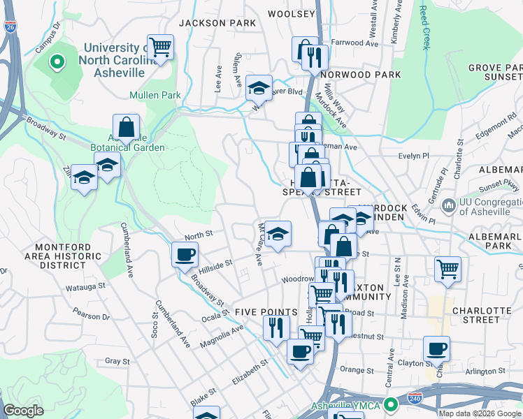 map of restaurants, bars, coffee shops, grocery stores, and more near 16 Spears Avenue in Asheville