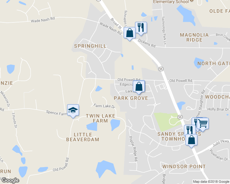 map of restaurants, bars, coffee shops, grocery stores, and more near 405 Ashdale Drive in Fuquay-Varina