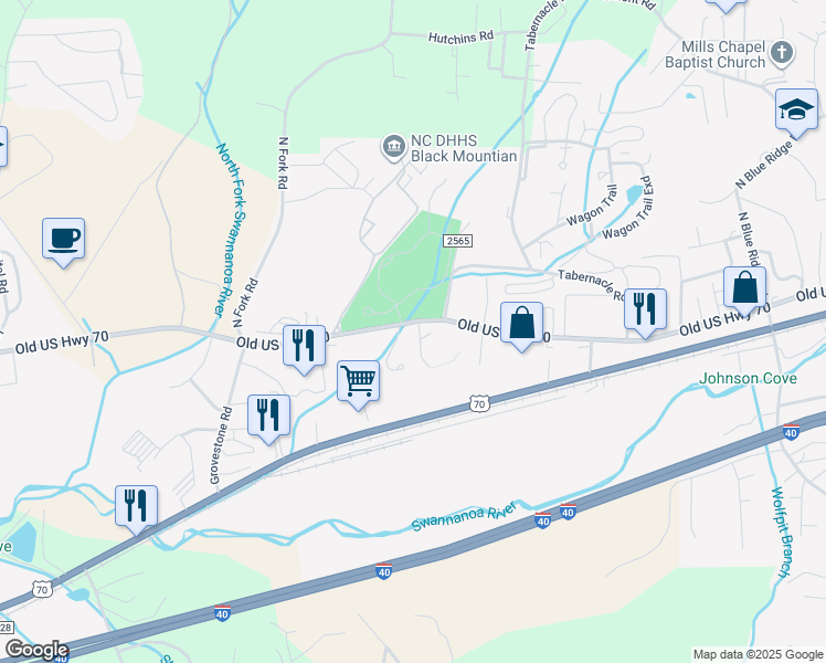 map of restaurants, bars, coffee shops, grocery stores, and more near 1 Woodlands Drive in Black Mountain