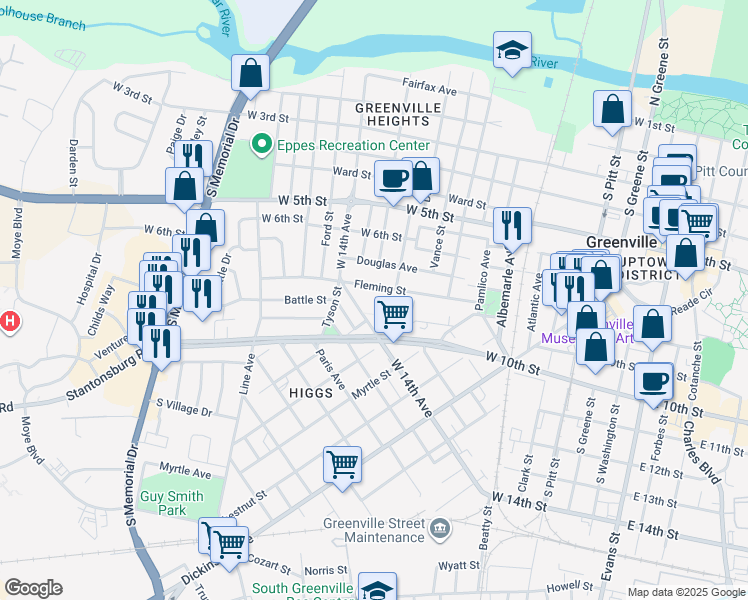 map of restaurants, bars, coffee shops, grocery stores, and more near 1019 Fleming Street in Greenville