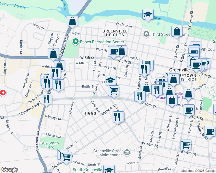 map of restaurants, bars, coffee shops, grocery stores, and more near 1019 Fleming Street in Greenville
