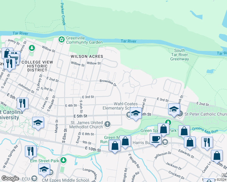 map of restaurants, bars, coffee shops, grocery stores, and more near 2108 East 3rd Street in Greenville
