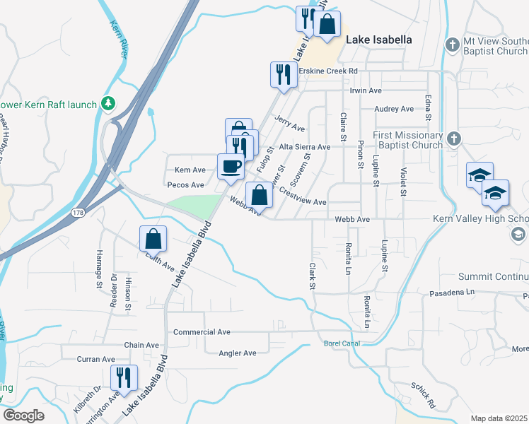 map of restaurants, bars, coffee shops, grocery stores, and more near Webb Avenue in Lake Isabella