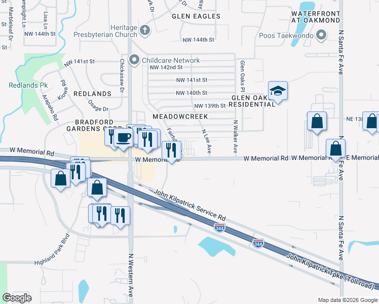 map of restaurants, bars, coffee shops, grocery stores, and more near 717 West Memorial Road in Oklahoma City