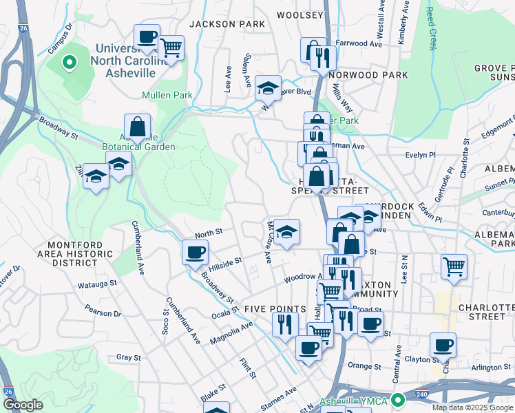 map of restaurants, bars, coffee shops, grocery stores, and more near 19 Dortch Avenue in Asheville