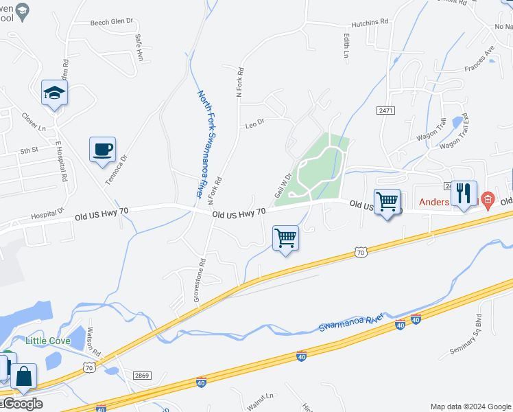 map of restaurants, bars, coffee shops, grocery stores, and more near 920 Old US Highway 70 in Black Mountain