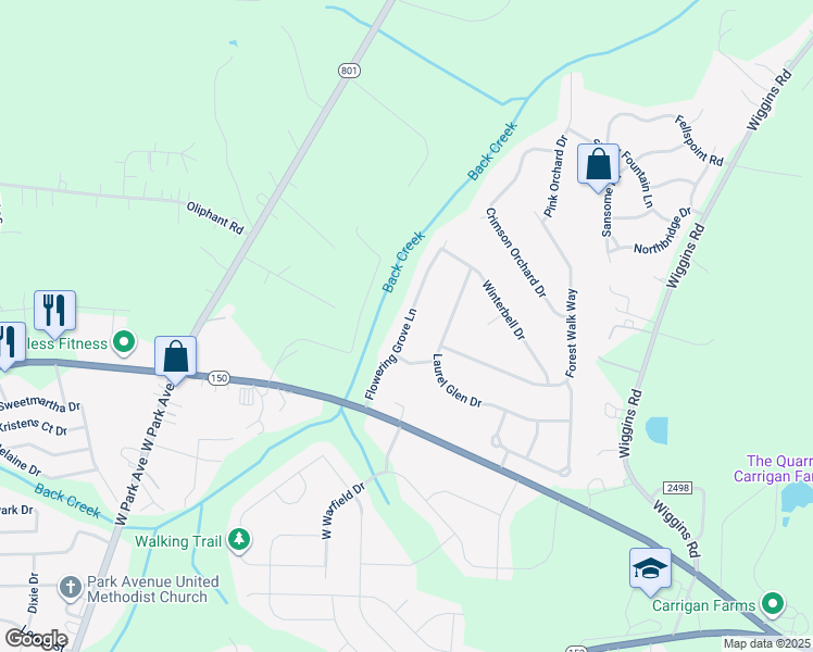 map of restaurants, bars, coffee shops, grocery stores, and more near Flowering Grove Lane in Mooresville