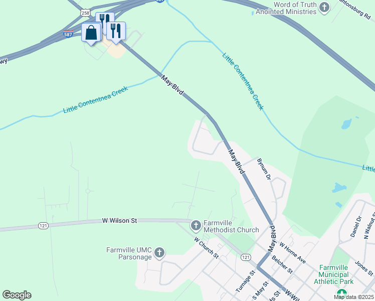 map of restaurants, bars, coffee shops, grocery stores, and more near 3372 Planters Way Drive in Farmville