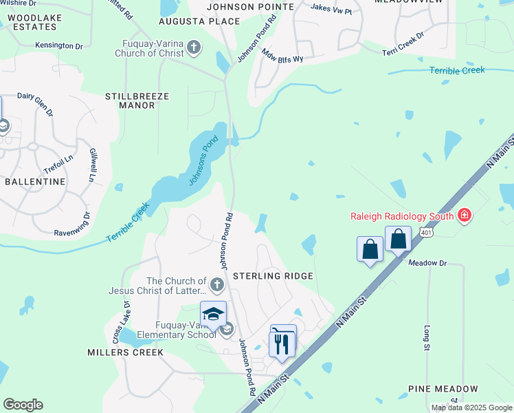 map of restaurants, bars, coffee shops, grocery stores, and more near 6421 Johnson Pond Road in Fuquay-Varina