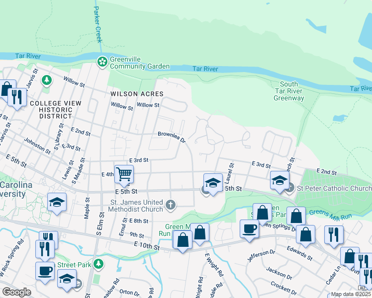 map of restaurants, bars, coffee shops, grocery stores, and more near 204 Aldersgate Court in Greenville