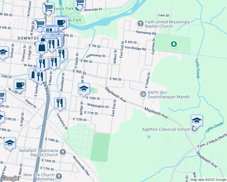 map of restaurants, bars, coffee shops, grocery stores, and more near 614 Midway Avenue in Columbia
