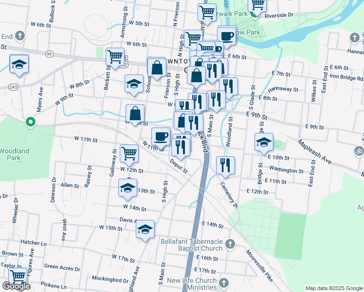 map of restaurants, bars, coffee shops, grocery stores, and more near 1117 South High Street in Columbia