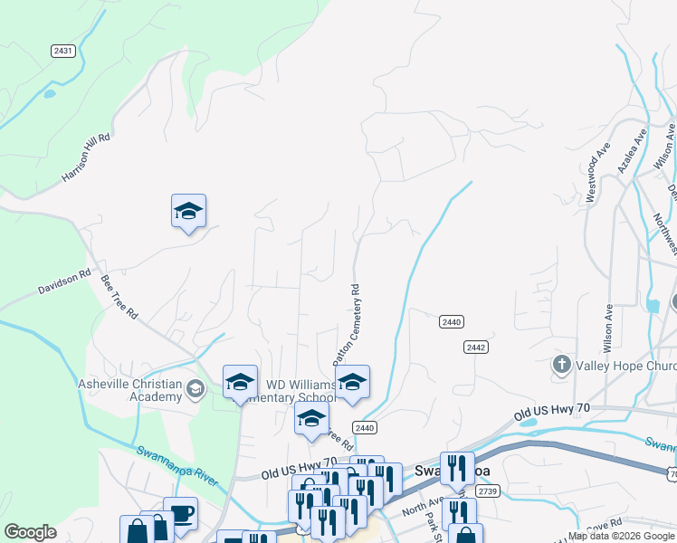 map of restaurants, bars, coffee shops, grocery stores, and more near 89 Patton Cemetery Road in Swannanoa