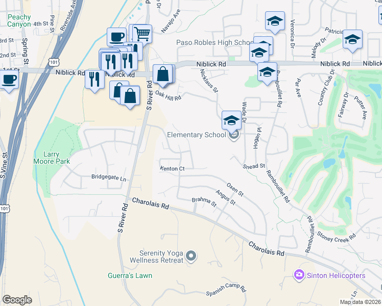 map of restaurants, bars, coffee shops, grocery stores, and more near 1762 Miller Court in Paso Robles