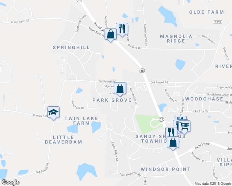 map of restaurants, bars, coffee shops, grocery stores, and more near Larktree Lane in Fuquay Varina