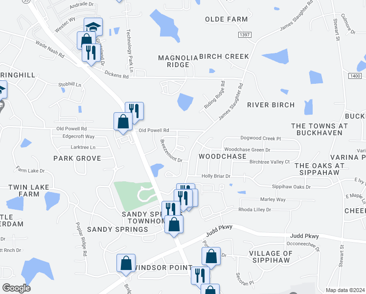 map of restaurants, bars, coffee shops, grocery stores, and more near Hinswood Circle in Fuquay Varina