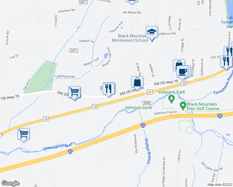 map of restaurants, bars, coffee shops, grocery stores, and more near 200 Gatchell Street in Black Mountain