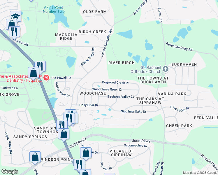 map of restaurants, bars, coffee shops, grocery stores, and more near 423 Woodchase Green Drive in Fuquay Varina