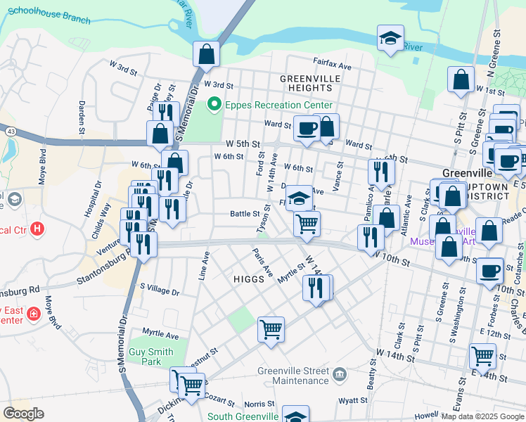 map of restaurants, bars, coffee shops, grocery stores, and more near 1207 Fleming Street in Greenville