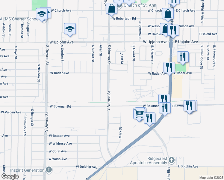 map of restaurants, bars, coffee shops, grocery stores, and more near 824 South Norma Street in Ridgecrest