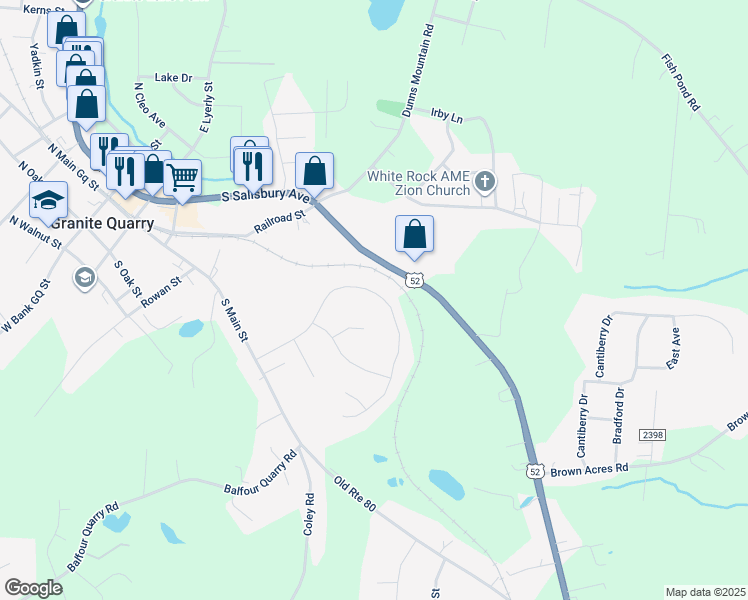 map of restaurants, bars, coffee shops, grocery stores, and more near 1230 Stonewyck Drive in Granite Quarry